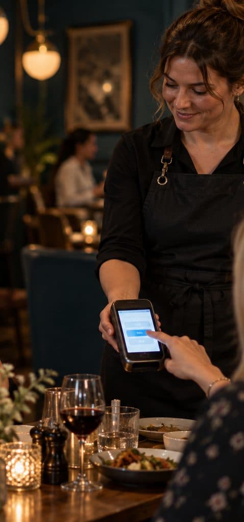 A server holding a card terminal with a tip screen to guests on a busy Friday night