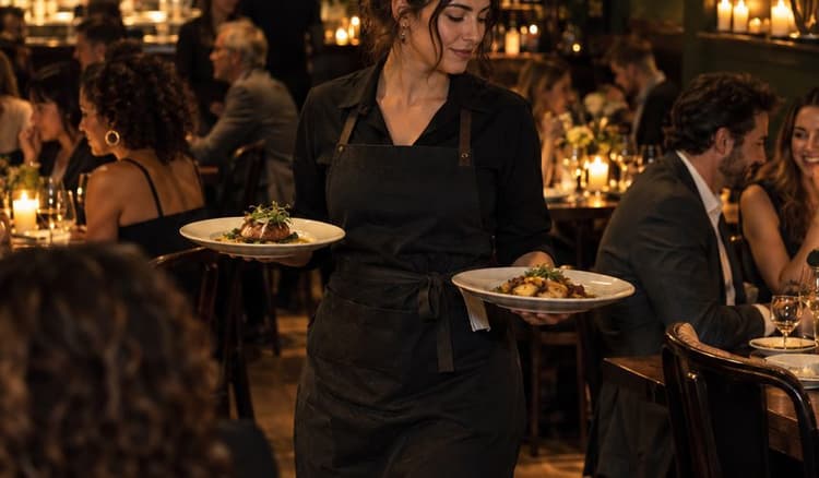 A server carrying plates through a full dining room