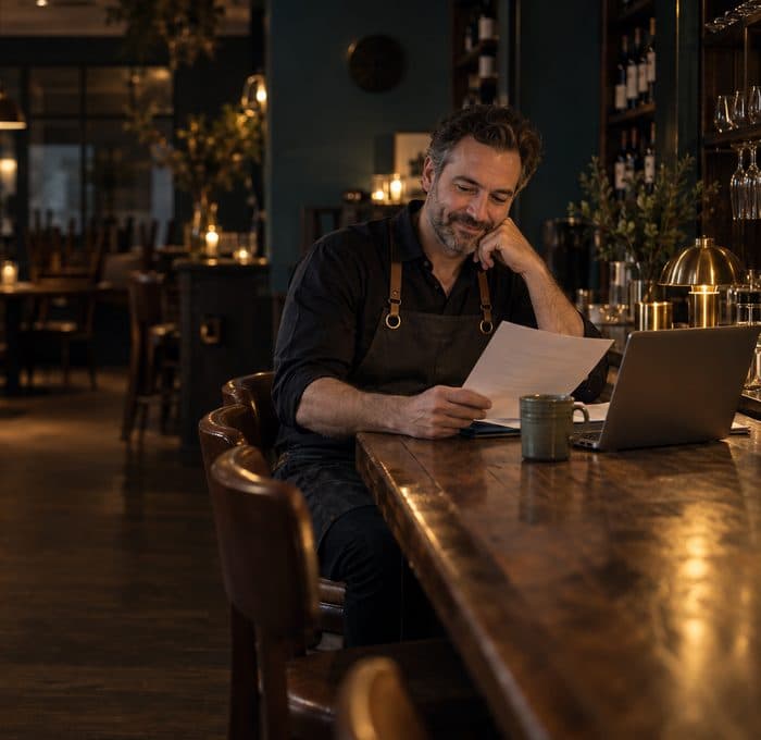 An owner at the bar after close, reading a one-page summary