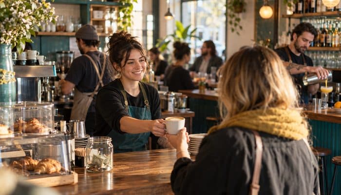 A busy café counter with baristas serving customers